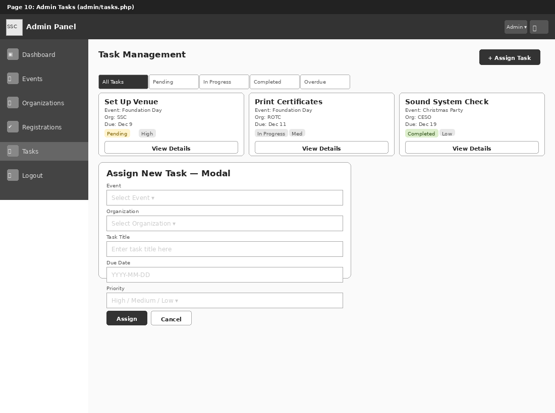 Admin Tasks Wireframe
